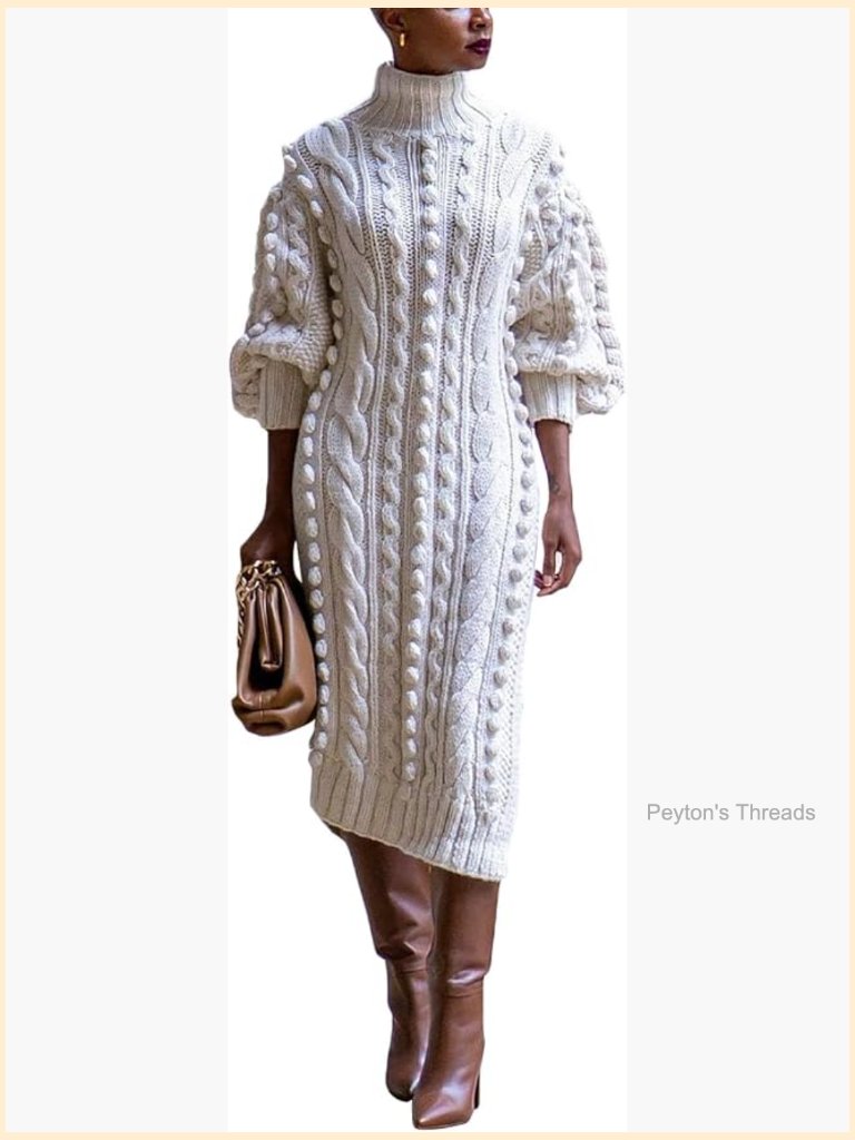 Sweater Dress Turtleneck Long Sleeve Cable Knit Midi Split Side Casual Plus Size